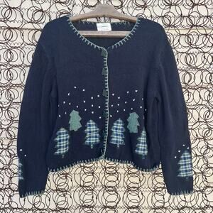 VTG Christopher Banks americana plaid appliqué Christmas tree cardigan sweater